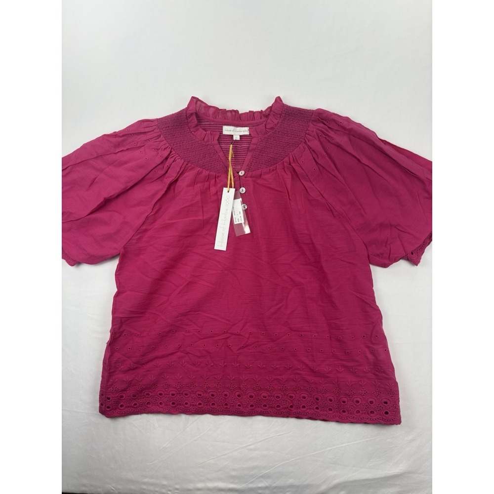 NWT House of Harlow 1960 Puff Sleeves Cotton Blouse, Pink, Women's Large - Picture 2 of 14